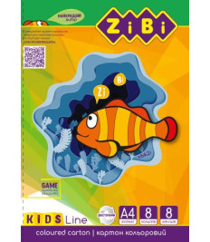 Carton colorat dublu A4, 8 foi, 8 culori, 215 g/m² ZIBI
